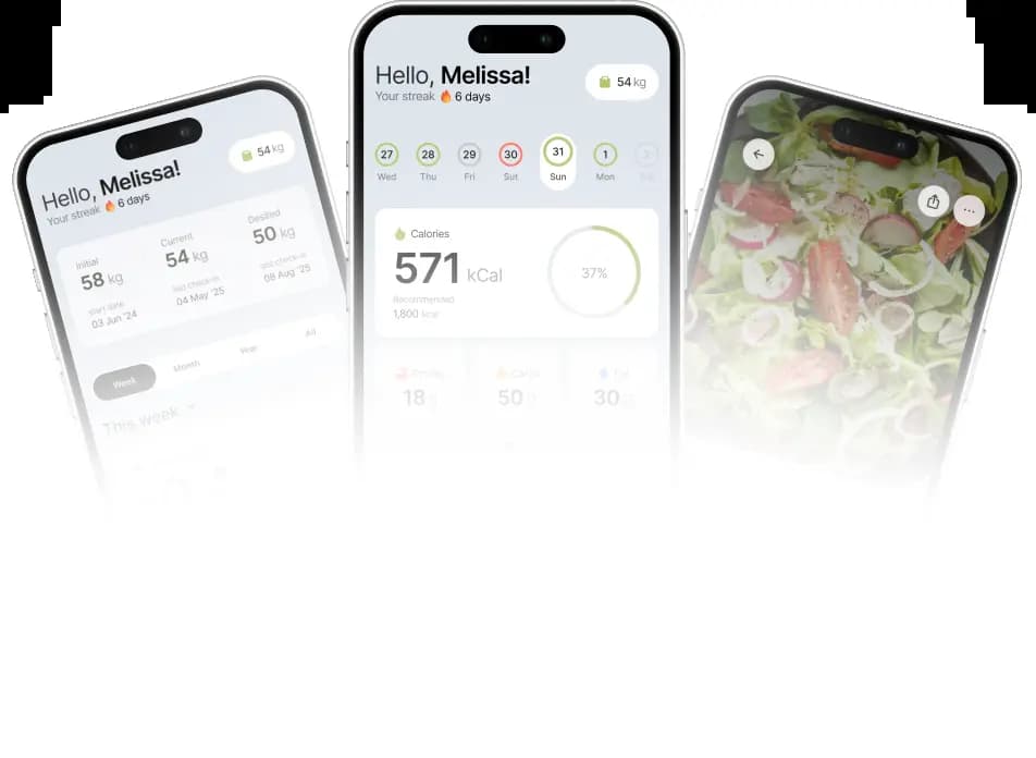 Modern Calorie Counter app design with progress dashboard, nutrition stats, and food recognition feature