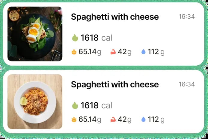 Calorie Counter app displaying logged meals with photos, calories, and macro breakdowns